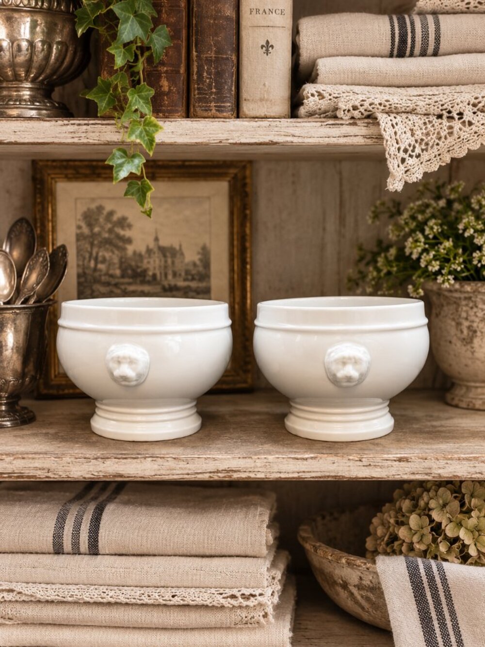 Set of 2 New Pillivuyt France Lion Head Soup Bowls Footed Ironstone Mini Tureens - Picture 3 of 11